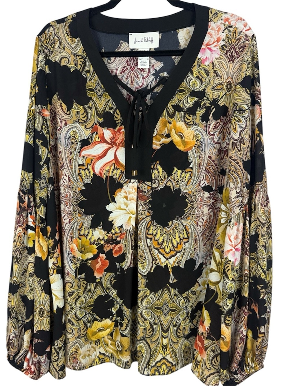 Joseph Ribkoff Paisley Floral Lace-Up Blouse Size 16 Bell Sleeve